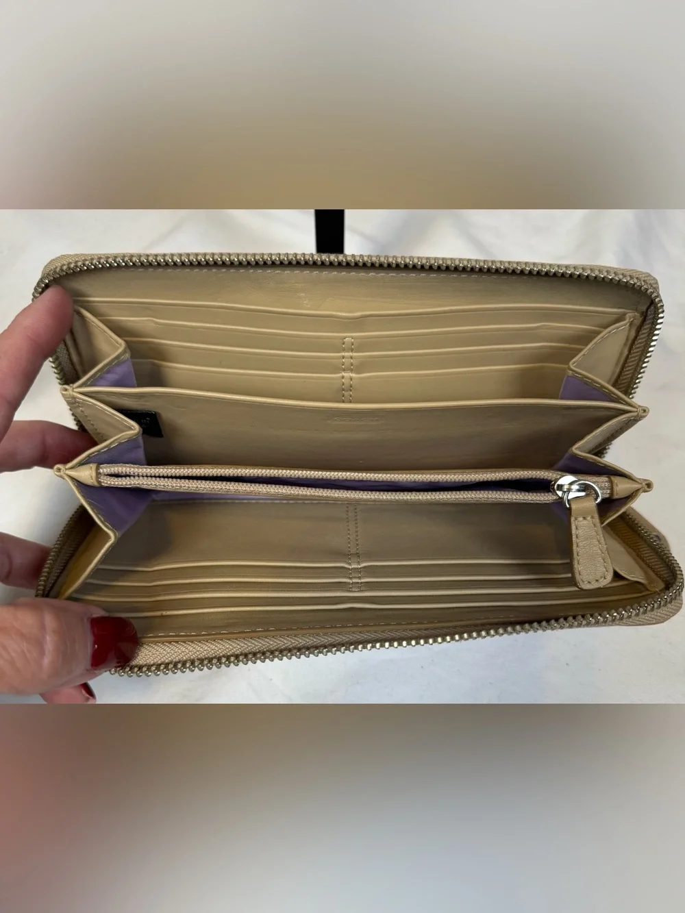 Coach Ashley Cream Perforated Zip Around Wallet Accordian Signature C Pattern